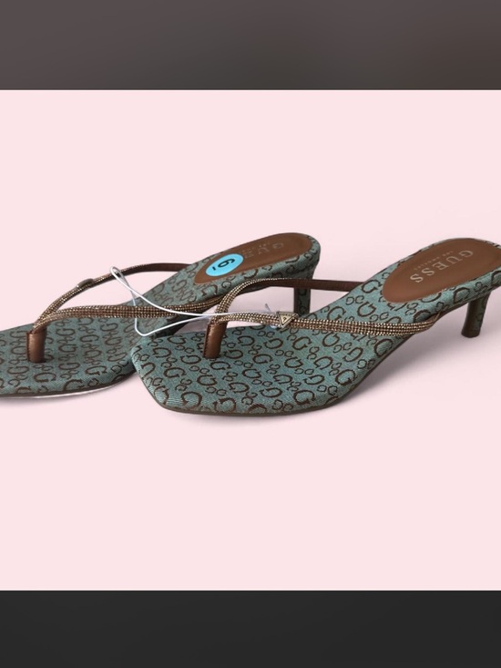 Guess Shoes - Guess Teal Logo-Print Rhinestone Thong Heel Sandals